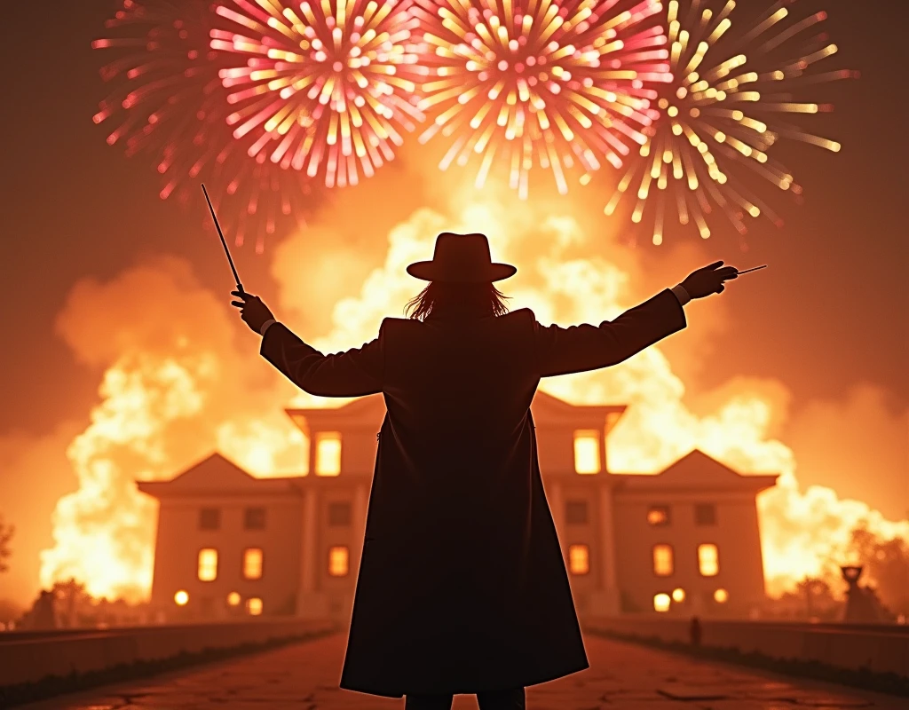 (Masterpiece:1.2, best quality, highres, 8k, high details, UHD, Complex depiction,) night, Movie１scene, (Alone:1.5, 1man\Guy Fawkes Mask\Black coat\black hat\Shoulder-length black hair), View your viewers:1.5, Wave the baton and conduct the music, commander, Alone:1.5, Exploding building behind\National Diet Building:1.3, Orange fireworks burst into flames, napalm, Colorful fireworks, Large flower