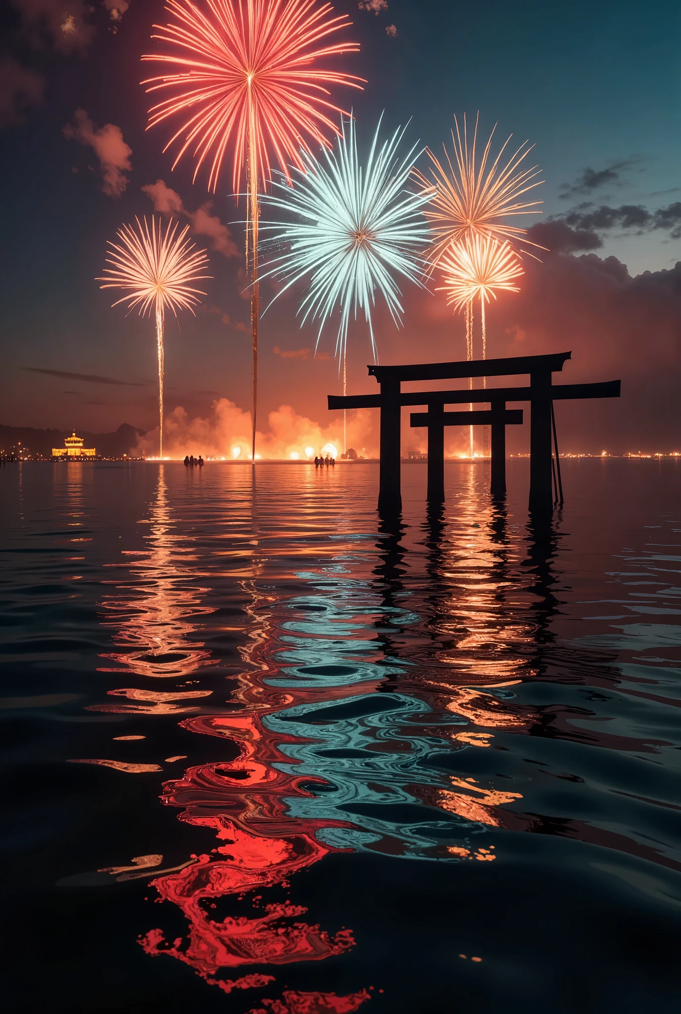 A stunning night scene of the Miyajima Underwater Fireworks Festival, with vibrant fireworks exploding over the calm sea near the iconic floating torii gate of Itsukushima Shrine. The fireworks reflect beautifully on the water, creating mesmerizing patterns and ripples of light in bright reds, blues, and golds. Some fireworks appear to burst underwater, sending glowing ripples across the surface, while others light up the sky above. The majestic torii gate stands illuminated in the background, bathed in the warm glow of the fireworks. The atmosphere is serene yet festive, capturing the cultural and natural beauty of this breathtaking event.