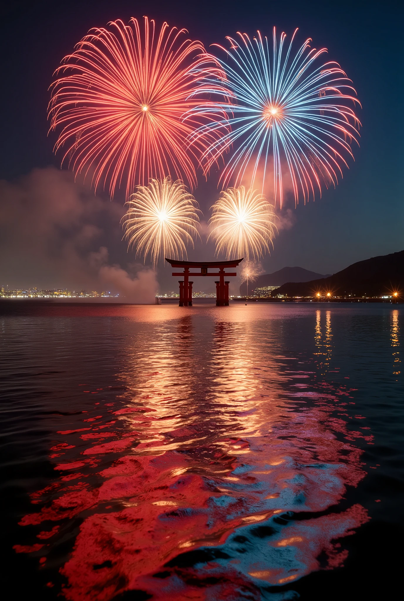 A stunning night scene of the Miyajima Underwater Fireworks Festival, with vibrant fireworks exploding over the calm sea near the iconic floating torii gate of Itsukushima Shrine. The fireworks reflect beautifully on the water, creating mesmerizing patterns and ripples of light in bright reds, blues, and golds. Some fireworks appear to burst underwater, sending glowing ripples across the surface, while others light up the sky above. The majestic torii gate stands illuminated in the background, bathed in the warm glow of the fireworks. The atmosphere is serene yet festive, capturing the cultural and natural beauty of this breathtaking event.