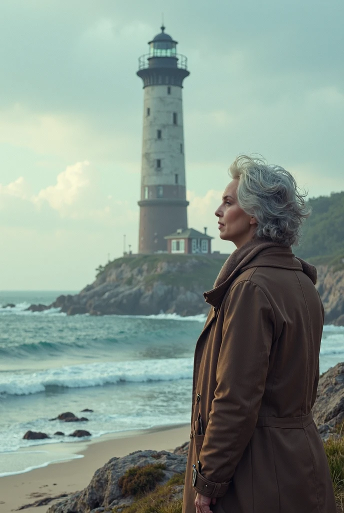 Here is the image of the serene coastal scene featuring a lighthouse with a mature woman gazing at it. Let me know if there's anything you'd like to adjust or add!