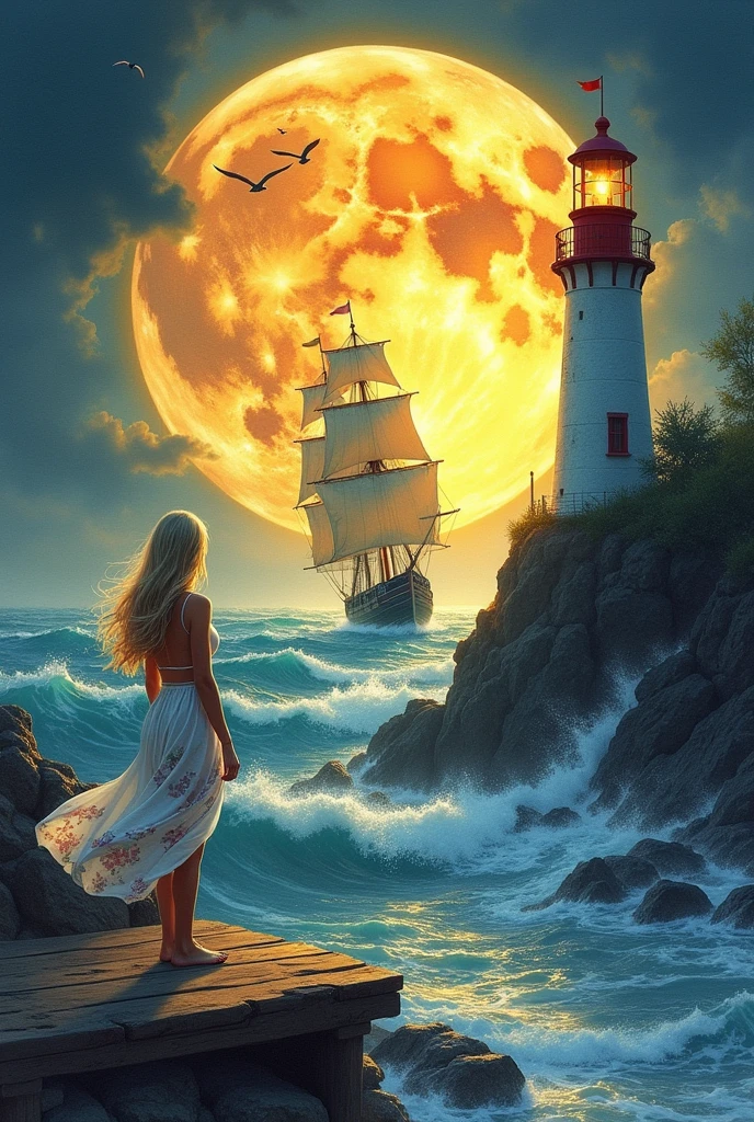 On the left side of the picture, Image of a woman with beautiful blonde hair blowing in the wind (back to the camera) wearing a relatively short white floral skirt، The bottom of her skirt waves in the wind، standing on a small wooden pier in the middle of a raging storm, On the right side of the picture a white and red lighthouse on Shining on a rough rock that is being pounded hard by the raging ocean waves, seagulls flying, In the center of the image a wonderful galleon sails at night with rough seas, behind a magnificent super full moon that illuminates everything with its golden light, watercolour, wet on wet, charcoal, alcohol ink, by Gustave Moreau, Odilon Redon, 16:9, no frame, 8k, masterpiece