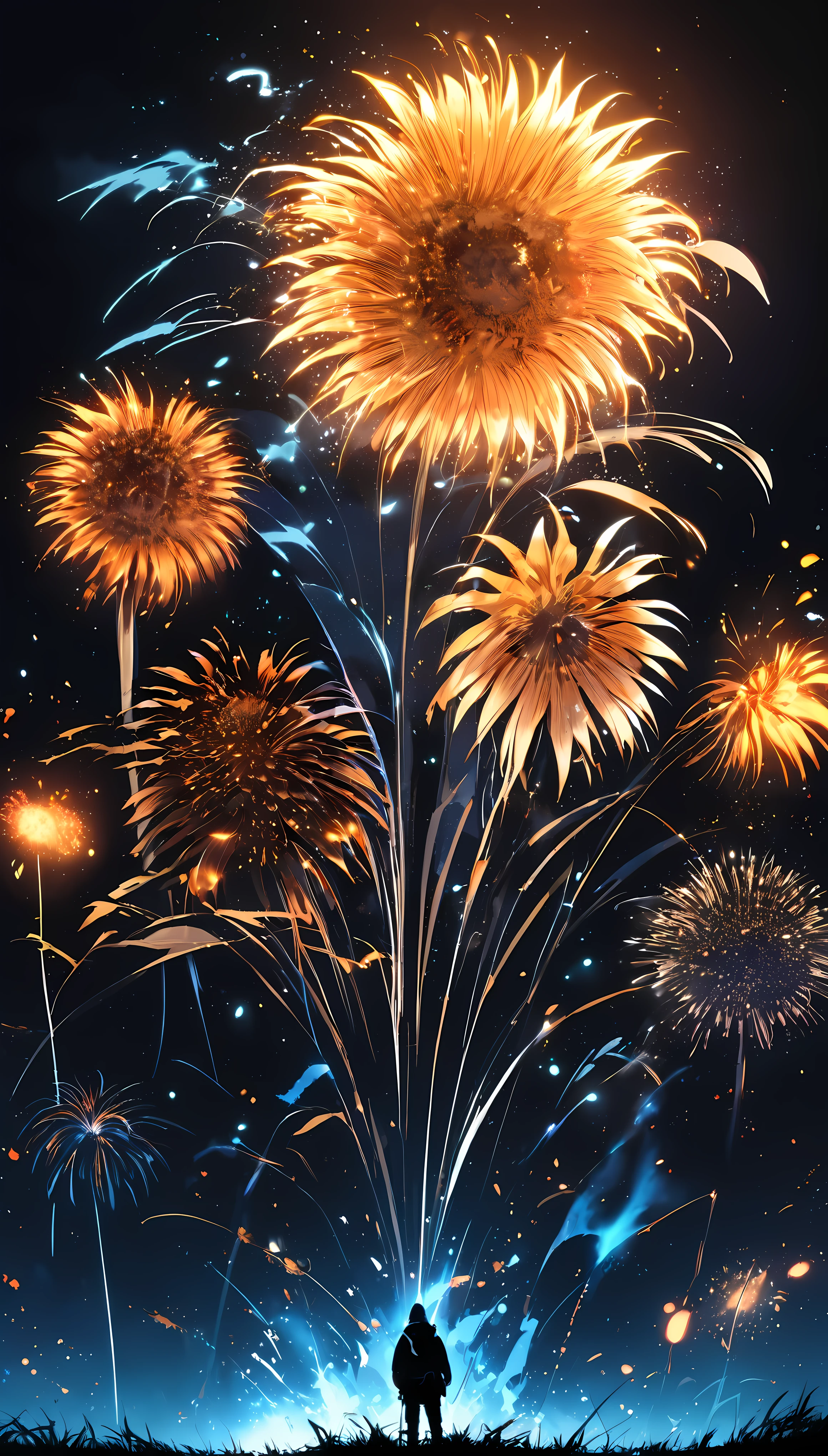 [Sunflower|firework], Chemical combustion luminescence, Dark Night, 