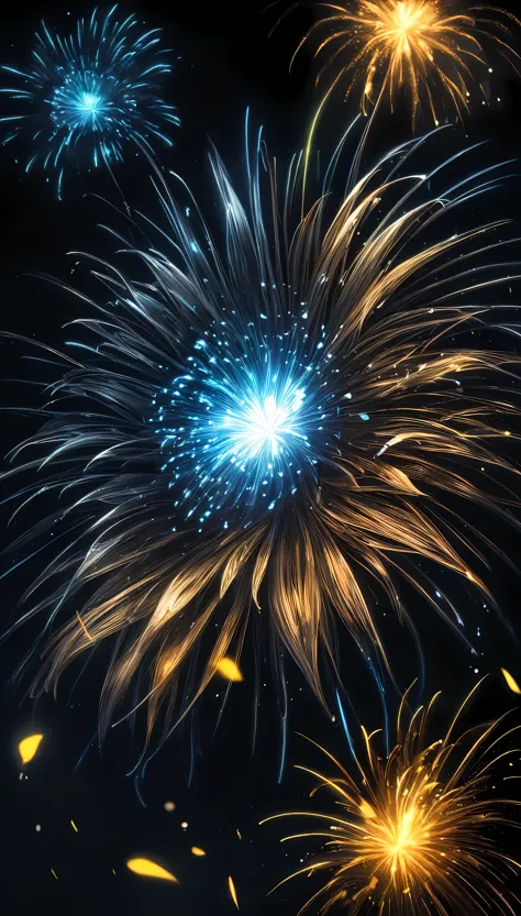 Chemical combustion luminescent art, Sharp flash, Sunflower-like fireworks, Dark Night, 