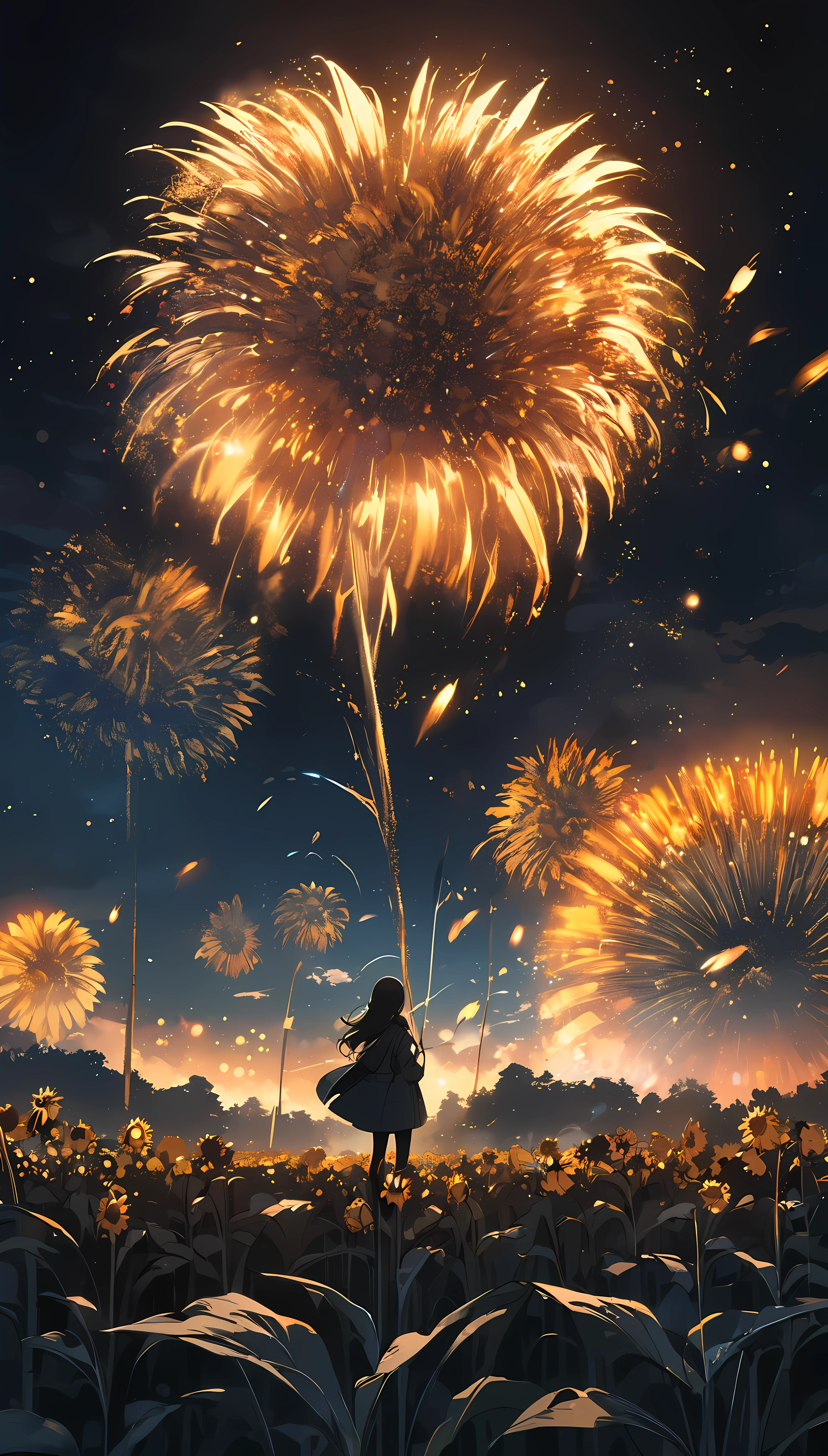 [Sunflower|firework], Chemical combustion luminescence, Dark Night, 