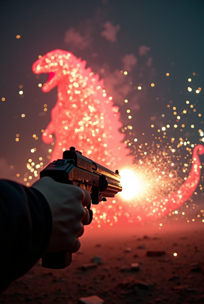 Fireworks in the dark,A hand holding a fireworks Gatling gun，Shoot to the sky，Fireworks burning in the sky，Forming cartoon Godzilla fireworks effect，Godzilla Sparks，Hand blur effect，Gatling gun that shoots fireworks，Dramatic atmosphere，Long exposure photography，Movie Effects