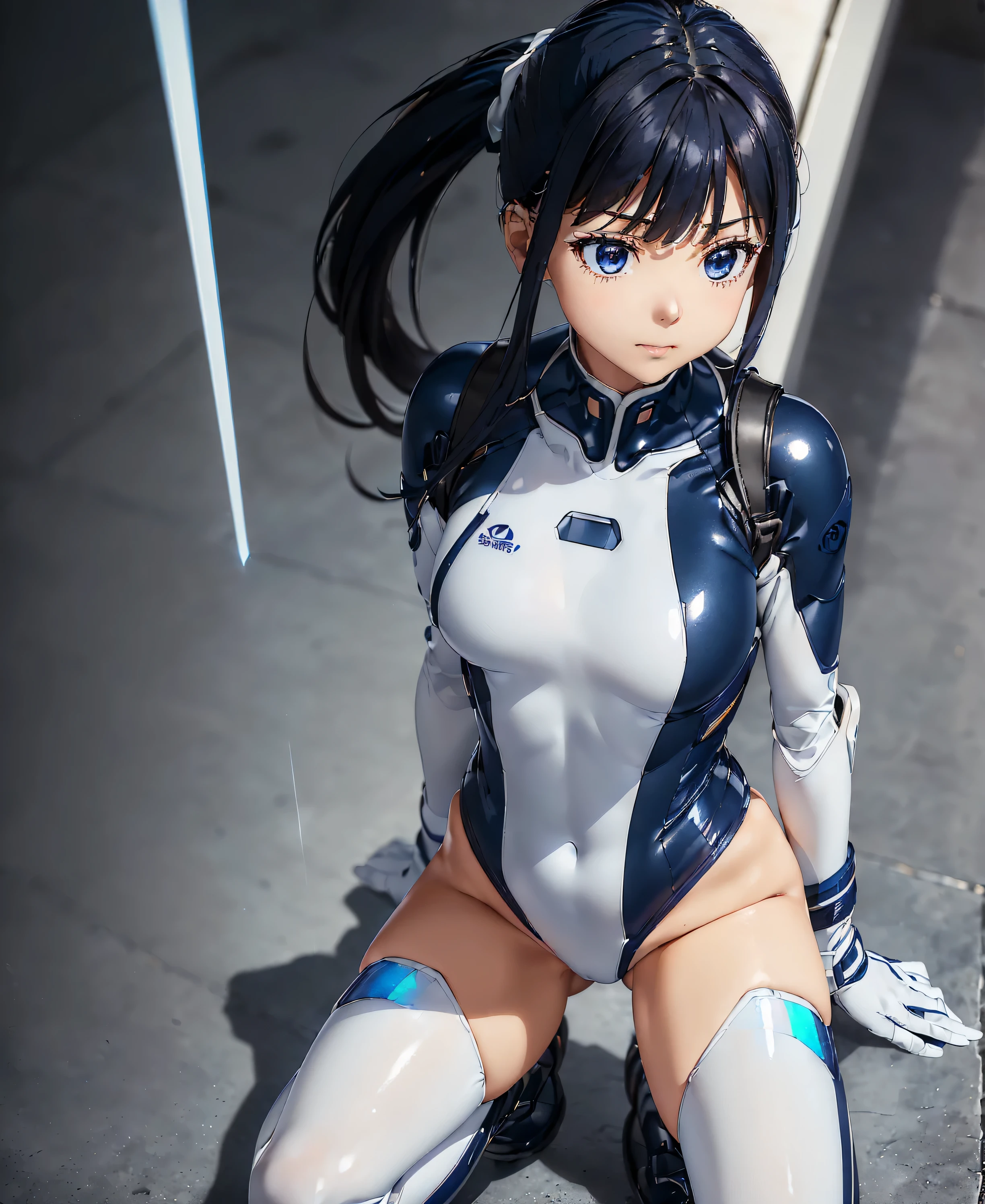 ((Holographic glow effect)),(masterpiece,Best Quality,Highest Resolution,Clear_image,Detailed details,The angle is from above): (solo,A girl alone,Japanese Faces,High knot ponytail,Dark blue hair girl,Small breasts,(Perfect body:1.4),Sparkling blue eyes,(White and navy blue pilot suit,White and navy blue zero suit,White and navy bodysuit,White and navy tight-fitting clothing,Wear full white and navy blue cover,White and navy thigh-covering pants,White and navy shoulder cover outfit,White and navy cropped jacket,White and navy shiny clothes,White and navy tight-fitting pants that hide the legs,Armor to hide the chest,Hide your shoulders),Very delicate and beautiful,Detailed Skin,Slim body,Exoskeleton,Cute,A gentle smile,Soft expression,heroine,White and navy blue long boots,Elbow-length gloves),Mirror-polished floor,inoue takina,cockpit,Mecha,mechanical body,Fantasy,ROMANCE,CIENTIFCA,TEEROR,COMICS,NFWS,hero,JK,Kneel