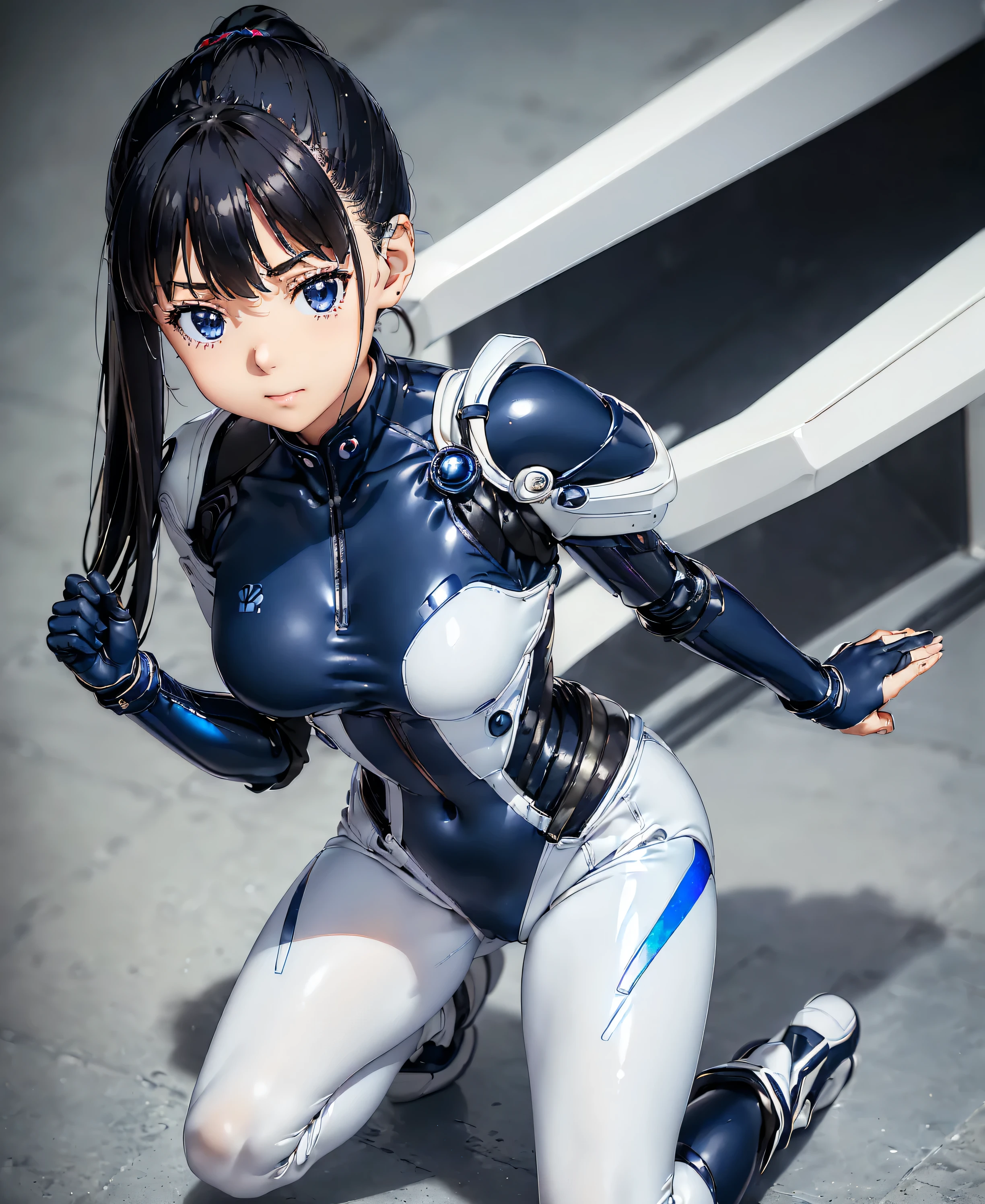 ((Holographic glow effect)),(masterpiece,Best Quality,Highest Resolution,Clear_image,Detailed details,The angle is from above): (solo,A girl alone,Japanese Faces,High knot ponytail,Dark blue hair girl,Small breasts,(Perfect body:1.4),Sparkling blue eyes,(White and navy blue pilot suit,White and navy blue zero suit,White and navy bodysuit,White and navy tight-fitting clothing,Wear full white and navy blue cover,White and navy thigh-covering pants,White and navy shoulder cover outfit,White and navy cropped jacket,White and navy shiny clothes,White and navy tight-fitting pants that hide the legs,Armor to hide the chest,Hide your shoulders),Very delicate and beautiful,Detailed Skin,Slim body,Exoskeleton,Cute,A gentle smile,Soft expression,heroine,White and navy blue long boots,Elbow-length gloves),Mirror-polished floor,inoue takina,cockpit,Mecha,mechanical body,Fantasy,ROMANCE,CIENTIFCA,TEEROR,COMICS,NFWS,hero,JK,Kneel