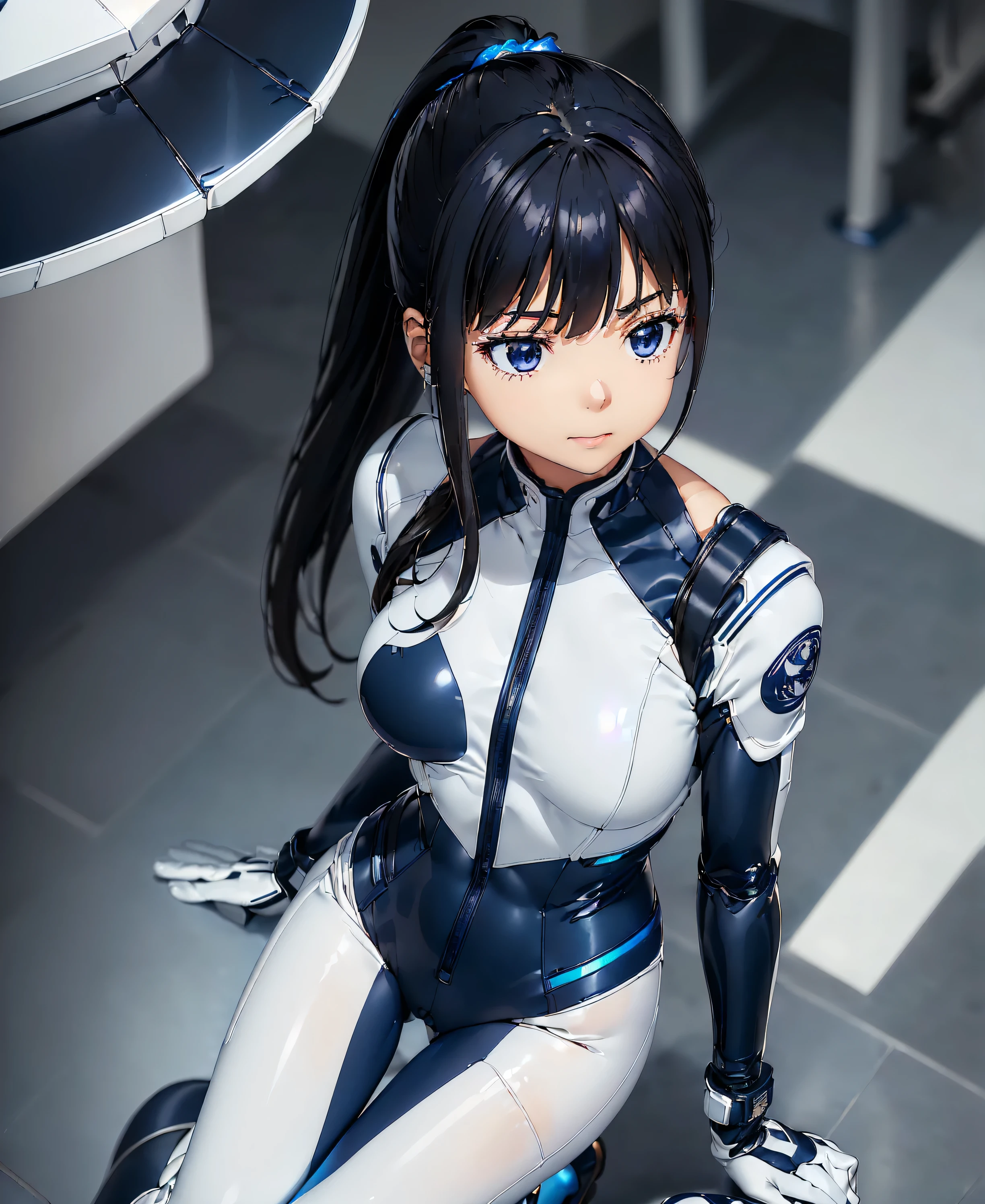 ((Holographic glow effect)),(masterpiece,Best Quality,Highest Resolution,Clear_image,Detailed details,The angle is from above): (solo,A girl alone,Japanese Faces,High knot ponytail,Dark blue hair girl,Small breasts,(Perfect body:1.4),Sparkling blue eyes,(White and navy blue pilot suit,White and navy blue zero suit,White and navy bodysuit,White and navy tight-fitting clothing,Wear full white and navy blue cover,White and navy thigh-covering pants,White and navy shoulder cover outfit,White and navy cropped jacket,White and navy shiny clothes,White and navy tight-fitting pants that hide the legs,Armor to hide the chest,Hide your shoulders),Very delicate and beautiful,Detailed Skin,Slim body,Exoskeleton,Cute,A gentle smile,Soft expression,heroine,White and navy blue long boots,Elbow-length gloves),Mirror-polished floor,inoue takina,cockpit,Mecha,mechanical body,Fantasy,ROMANCE,CIENTIFCA,TEEROR,COMICS,NFWS,hero,JK,Kneel