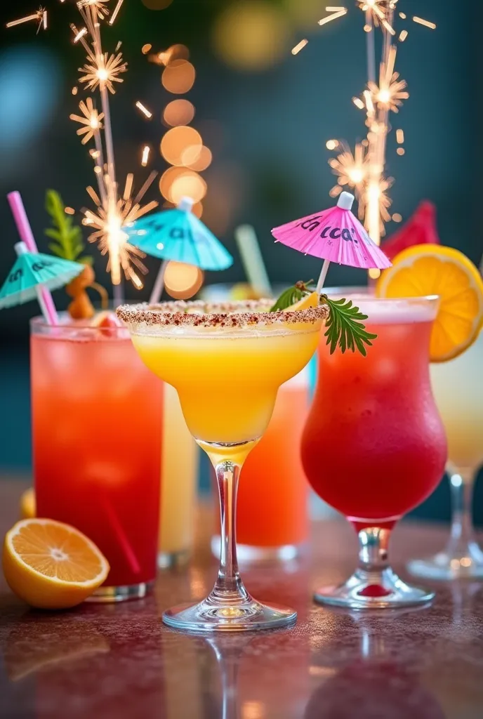 Colorful cocktails with mini umbrellas and sparklers