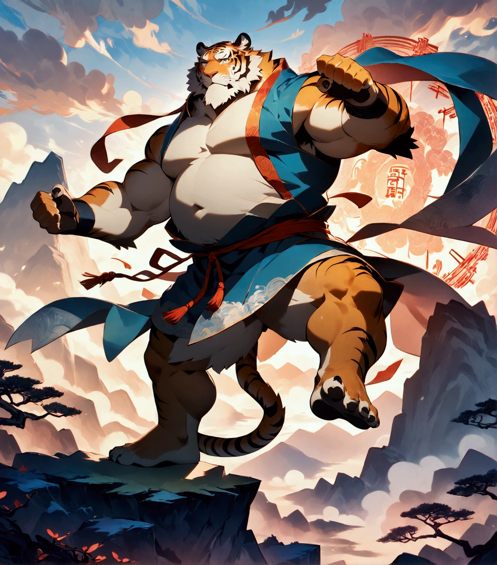 monk, a musclegut middle-aged tiger man, costume, rotating the body, executing highkick, dynamic pose, detailed painting landscape, morning, chinese mountain, swirling  mandala, BREAK full body in Michelangelo Buonarroti style, digital illustration anime, character focus, full body, looking away, dynamic angle, BREAK complete anatomy, perfect proportions, beautiful thigh gap, fluffy body, intricate fur details, beautiful fur texture, BREAK detailed tiger tail, detailed toe, 5toes, 5toes nails, beautiful foot, detailed hands, 5fingers, 5fingers nails, BREAK aesthetic anime face, insanity detailed face, male face, big face, square jawline, aesthetic anime eyes, detailed brown eyes, detailed brown cornea, detailed dark brown irises, detailed pupils, male eyes, big eyes, male eyebrows, innocent look, beautiful beard, BREAK masterpiece, official art, best quality, very aesthetic, absurdres, super fine illustration, great quality, BREAK noise reduction, very highres, large filesize, high quality, 32K, 8k wallpaper, dynamic lighting, BREAK insanity detailed, ultra detailed, intricate details, extremely detailed, detailed texture, an extremely delicate and beautiful, full color, HDR, BREAK e621 tag, Fur Affinity illustration, osukemo, kemohomo, anthropomorphic, furry, cartoon, harmonious eyes, pastoral face, virtuous body, oriental power atmosphere 