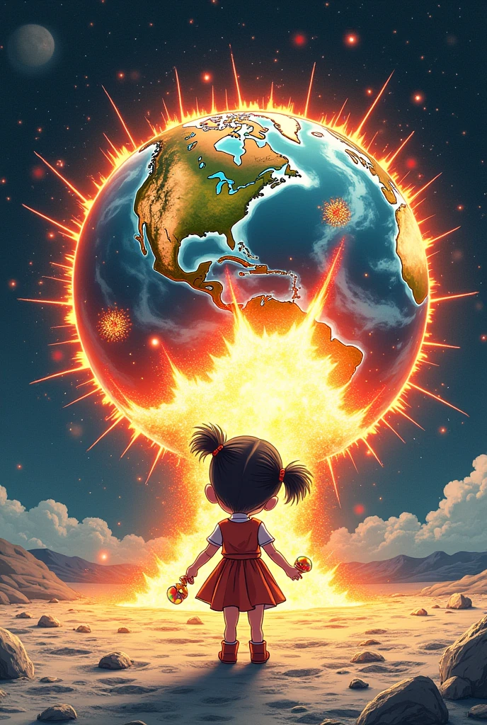 Arale在月球表面，Fireworks explode on Earth，Arale，Standing on the Moon&#39;s Surface，Look at the Earth，Holding extinguished fireworks in hand，North America on Earth，Earth Sparks，The surface of the earth is covered with fireworks，Dramatic atmosphere，Extreme long shot，Akira Toriyama style