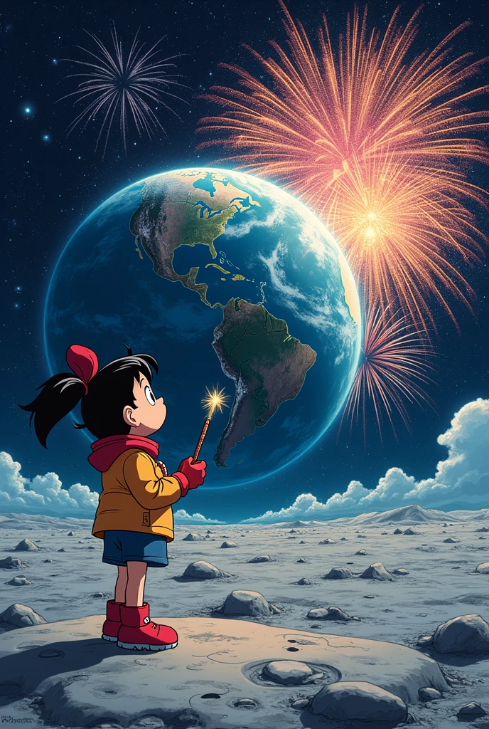 Arale在月球表面，Fireworks explode on Earth，Arale，Standing on the Moon&#39;s Surface，Look at the Earth，Holding extinguished fireworks in hand，North America on Earth，Earth Sparks，The surface of the earth is covered with fireworks，Dramatic atmosphere，Extreme long shot，Akira Toriyama style