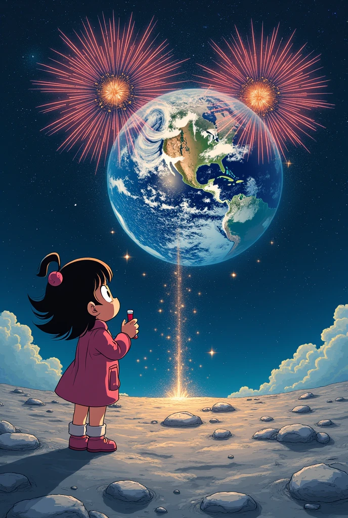 Arale在月球表面，Fireworks explode on Earth，Arale，Standing on the Moon&#39;s Surface，Look at the Earth，Holding extinguished fireworks in hand，North America on Earth，Earth Sparks，The surface of the earth is covered with fireworks，Dramatic atmosphere，Extreme long shot，Akira Toriyama style