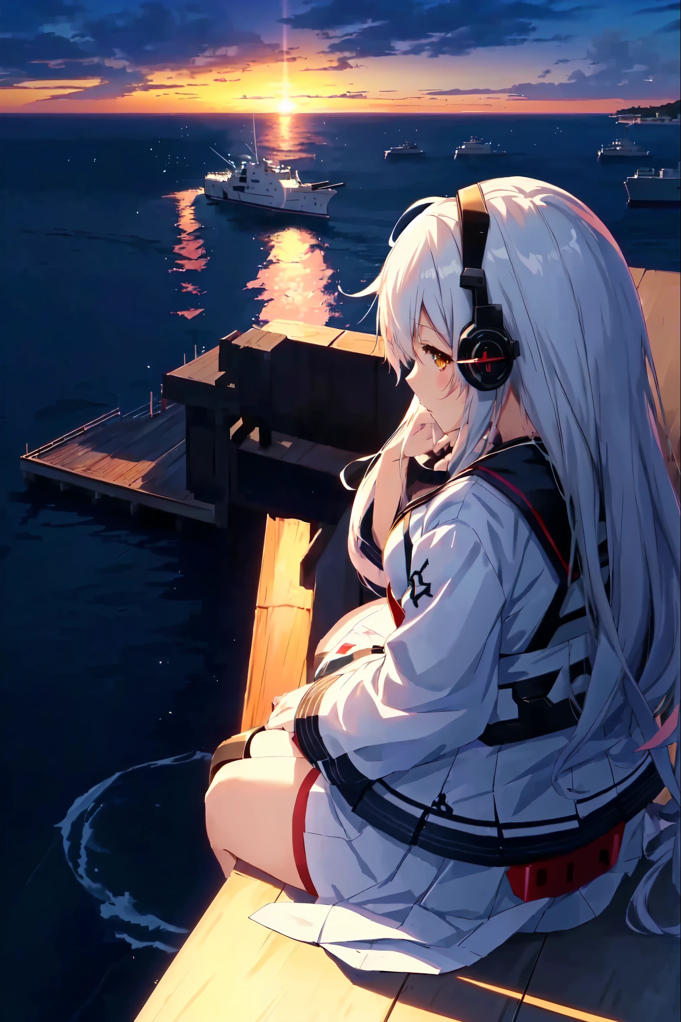 anime girl sitting on a dock looking at the sunset, Kantai Collection Style, Nightcore, From the Azur Lane video game, beautiful anime scene, Gazing at the Sunset. anime, Overlooking the sea, konpeki no kantai, Guweiz style artwork, anime background, beautiful anime artwork, digital anime art, Kantai Collection Arcade