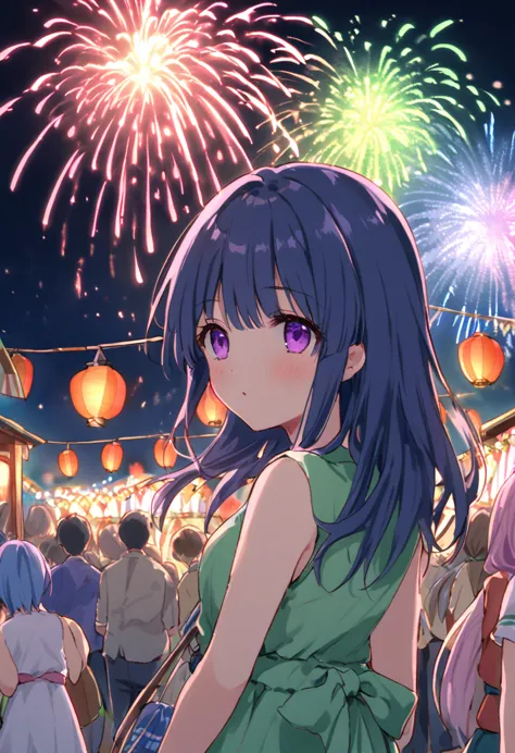 japanese summer festivals and fireworks, furude rika, woman, alone, blue hair, purple eyes, green dress, primary school students...