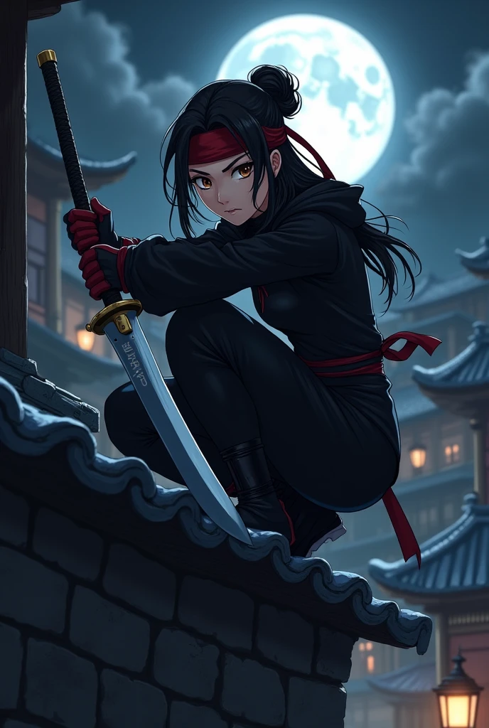 A stylish anime illustration of a female ninja crouches on the edge of a stone wall, her sharp eyes gleaming as the full moon bathes her face in soft, silver light. Her black ninja outfit melds seamlessly with the shadows, while a dark red headband stands out, adding a hint of color against the night. Every muscle is tense yet fluid, reflecting her grace and lethal skill. She is holding a kunai. The setting is feudal Japan, with ancient wooden buildings and curved rooftops faintly visible in the moonlit background. The moonlight glistens on her weapons, illuminating her poised stance, ready to strike. The air hums with suspense, as the serene yet dangerous night envelopes her in mystery.