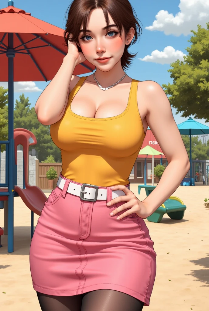 Comic style, Beth is posing to the camera with one hand on the head, Elbow Up, masterpiece, highest quality, beautiful and aesthetic, very detailed, realism, waifu, sexy, slim waist, standing front view, leaning, seductive smile, brown hair color, yellow tank top, pink skirt, pony tail, white belt, necklace, black leggings, play park, full body, big breast