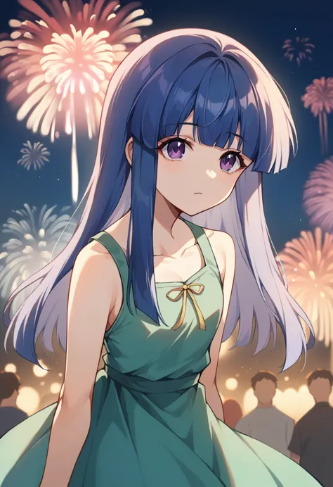 japanese summer festivals and fireworks, furude rika, woman, alone, blue hair, purple eyes, green dress, sleeveless dress, colla...