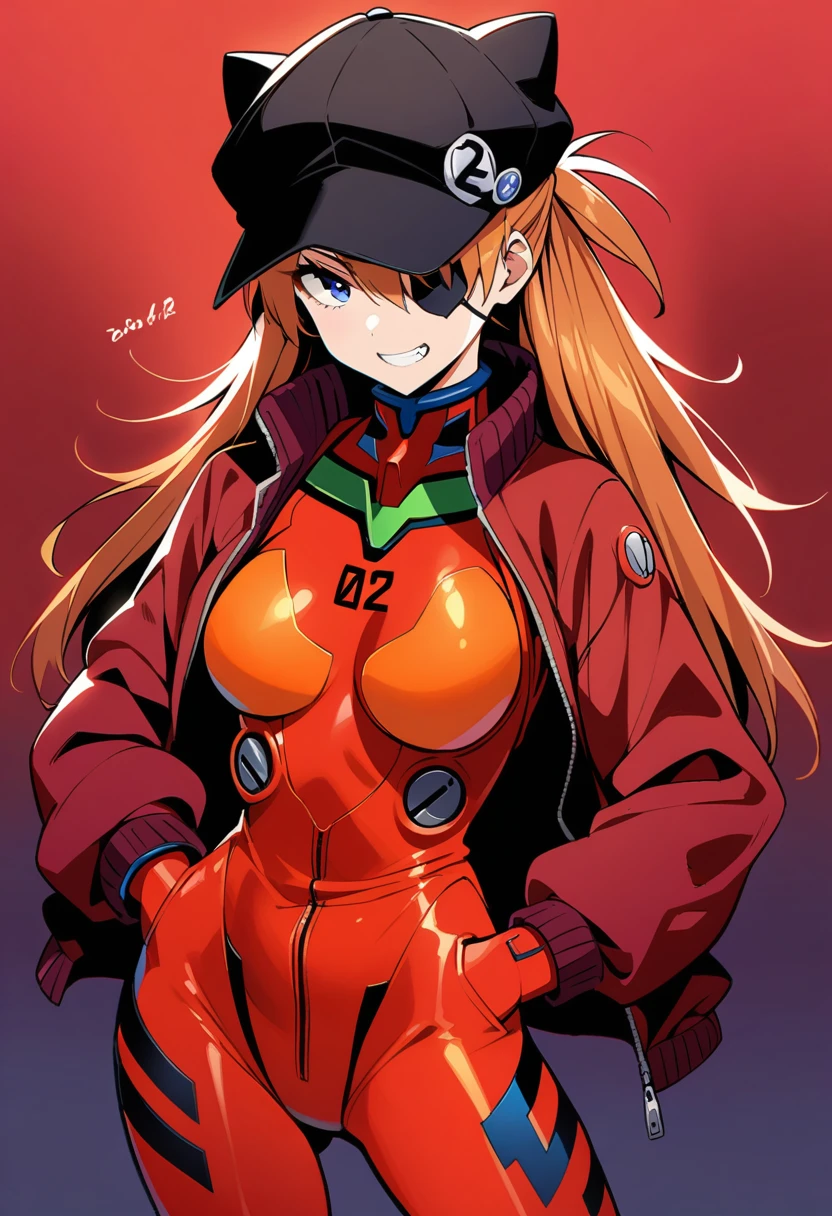 masterpiece, Best Quality, is very beautiful, Absurd, up to date,One girl, Soryu Asuka Langley、Red jacket、Bodysuit under clothes、Cat hat、Red bodysuit、Eye patch、Hands in pockets、Grin、