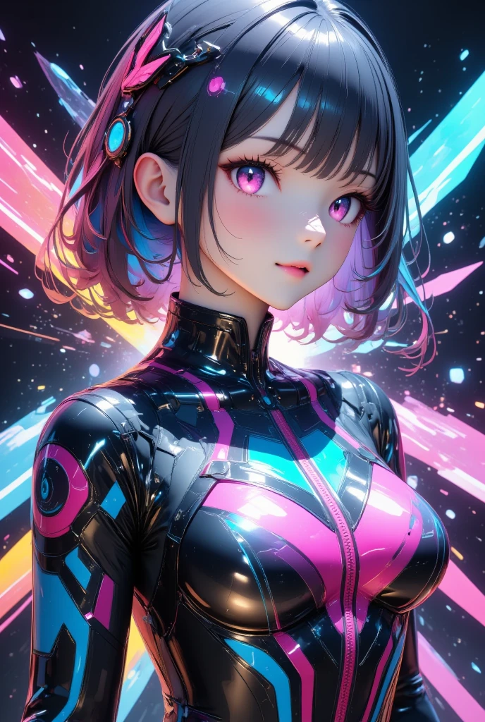 (masterpiece, best quality:1.2), 1girl, solo, cyber girl, futuristic cyberpunk, neon lights, glowing eyes, intricate cybernetic implants, glowing circuits, metallic textures, dynamic pose, cinematic lighting, vibrant colors, technologically advanced