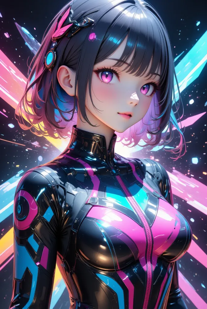 (masterpiece, best quality:1.2), 1girl, solo, cyber girl, futuristic cyberpunk, neon lights, glowing eyes, intricate cybernetic ...