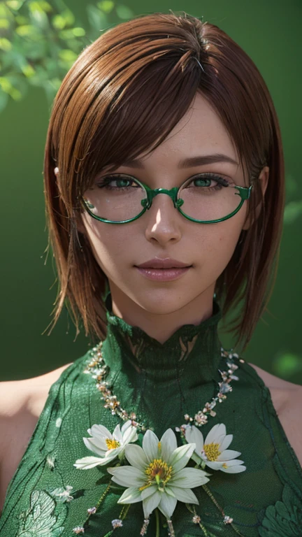 portrait, close-up, upper body. Short, red hair, green eyes, glasses with metal frames, green nightgown, joyful smile, cheerful girl . (masterpiece, top quality, best quality, official art, beautiful and aesthetically pleasing:1.2), extremely detailed,(fractal art:1.2),Colorful,The most detailed, (dynamic pose), (green background:1.5), (many flowers:1.4). ((SPLIT. Skin texture, shiny skin. elegance. photorealism. unreal engine. 3D model. Ultra high quality textures. high detail. permission 8k))