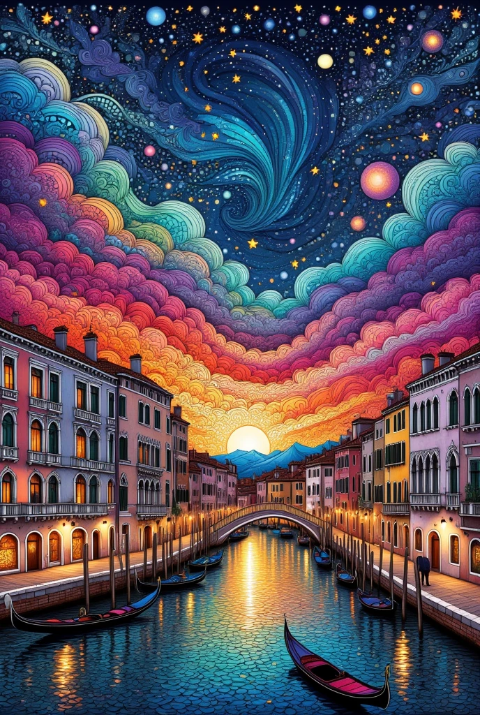 Zentangle style painting:Venice night sky,Illustrated style,Draw with thick lines,Detailed pattern,cute,,Gentle colors,Cast a colorful spell,Nice background image,masterpiece,Masterpiece,Light and Shadow,Draw carefully,Fractal Art,rendering,Vibrant colors,Fantasy,Gorgeous,rendering,Magical Elements,