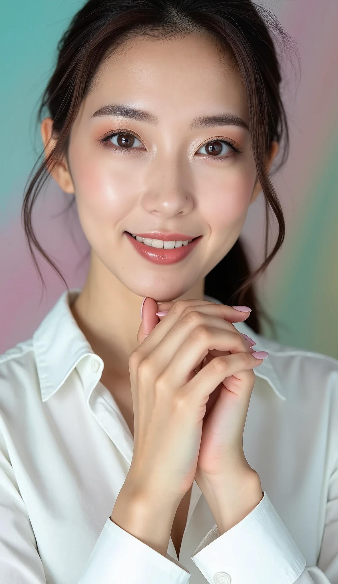 (masterpiece:1.2,Exceptional Quality,Mirror-like,Cinematic Experience,Photorealistic:2.0,RAW Photos:2.0,Super detailed),8k,wallpaper,Cinema Lighting,(Written boundary depth),(Sophisticated lighting:1.2),(White shirt:2.0),Beautiful Japanese Women,(Brown eyes:1.3),(Detailed skin texture:1.2),(Glowing Skin:1.2),(Detailed face:2.0),(Beautiful Face:2.0),(Beautiful Eyes:2.0),(Beautiful Makeup:2.0),(Close-up of face:2.0),Ultra-high resolution,(Looking into the camera),(Cosmetics advertising photo:2.0),(Detailed hands:2.0),(Beautiful female hands:2.0),(The background is a beautiful pastel color gradient:2.0),(front:2.0),(sexy:2.0)