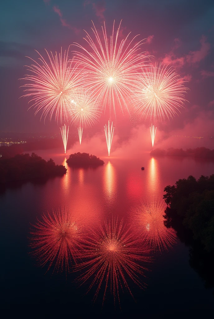 ((masterpiece, highest quality, Highest image quality, High resolution, photorealistic, Raw photo, Extremely detailed CG unified 8k wallpaper)), Fireworks festival filmed by drone, colorful giant fireworks being launched from the middle of a large river, beautiful fireworks reflected on the river surface, bird's eye view,