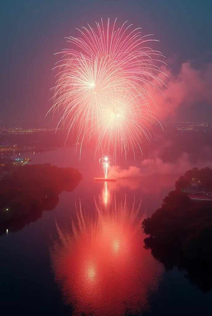 ((masterpiece, highest quality, Highest image quality, High resolution, photorealistic, Raw photo, Extremely detailed CG unified 8k wallpaper)), Fireworks festival filmed by drone, colorful giant fireworks being launched from the middle of a large river, beautiful fireworks reflected on the river surface, bird's eye view,