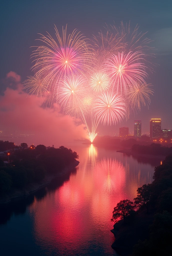 ((masterpiece, highest quality, Highest image quality, High resolution, photorealistic, Raw photo, Extremely detailed CG unified 8k wallpaper)), Fireworks festival filmed by drone, colorful giant fireworks being launched from the middle of a large river, beautiful fireworks reflected on the river surface, bird's eye view,