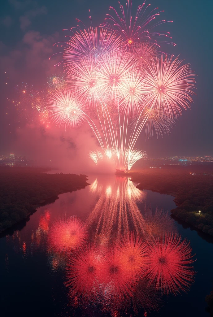 ((masterpiece, highest quality, Highest image quality, High resolution, photorealistic, Raw photo, Extremely detailed CG unified 8k wallpaper)), Fireworks festival filmed by drone, colorful giant fireworks being launched from the middle of a large river, beautiful fireworks reflected on the river surface, bird's eye view,