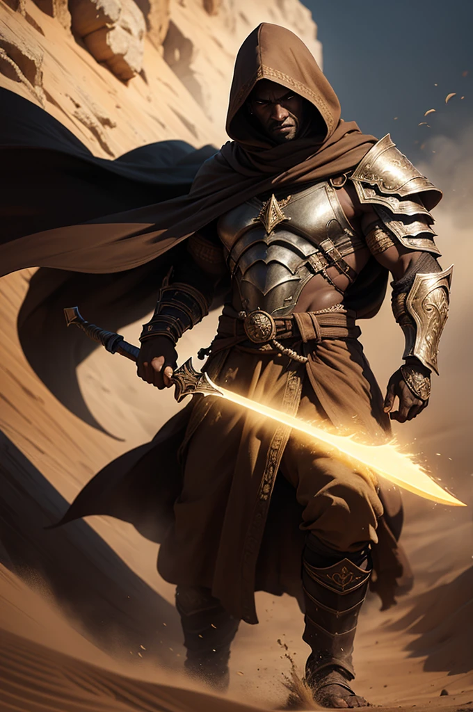 Ultra realistic 8k, strong man, dark brown skin, sand warrior, wearing a light armor, very long cloak with hood, holding a curved scimitar, sandstorm in the backgroung, very detailed