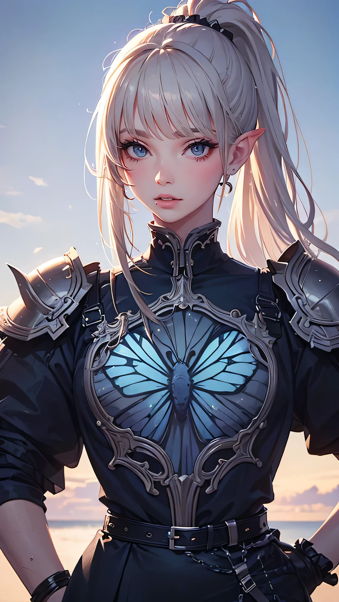 masterpiece, High resolution, Anatomically correct, Best Quality, High detail, Very detailed, Textured skin, Blonde, High ponytail, Pointy Ears, Grey Eyes, Sparkling eyes, Hanging eyes, High resolutionの目, Adult sister, Female Warrior, Bangs between the eyes, butterfly hair accessories, Wearing armor, Sharp Eyes, blue sky, White Clouds, Very long hair, smile