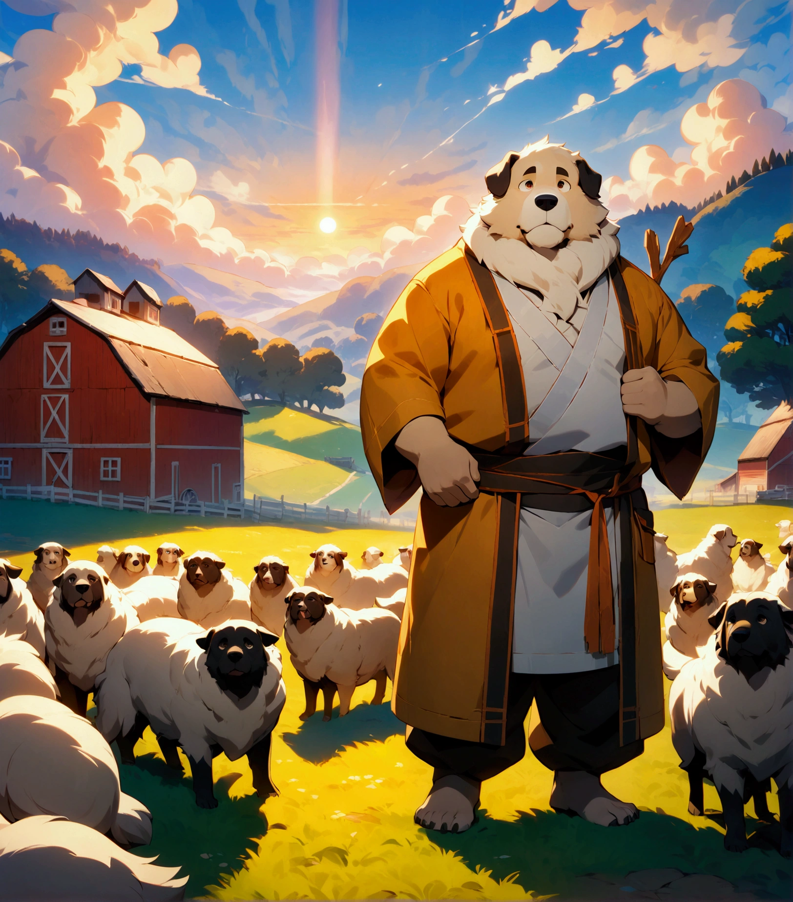 shepherd, plump middle-aged great pyrenees man, happy, light smile, costume, pants, pastoral stick, a flock of sheep, detailed painting landscape, afternoon, sheep farm, outdoor, BREAK full body in Michelangelo Buonarroti style, digital illustration anime, character focus, full body, looking away, dynamic angle, BREAK complete anatomy, perfect proportions, beautiful thigh gap, fluffy body, intricate fur details, beautiful fur texture, BREAK detailed great pyrenees tail, detailed toe, 5toes, 5toes nails, beautiful foot, detailed hands, 5fingers, 5fingers nails, BREAK aesthetic anime face, insanity detailed face, male face, big face, square jawline, aesthetic anime eyes, detailed brown eyes, detailed brown cornea, detailed dark brown irises, detailed pupils, male eyes, big eyes, male eyebrows, innocent look, beautiful beard, BREAK masterpiece, official art, best quality, very aesthetic, absurdres, super fine illustration, great quality, BREAK noise reduction, very highres, large filesize, high quality, 32K, 8k wallpaper, dynamic lighting, BREAK insanity detailed, ultra detailed, intricate details, extremely detailed, detailed texture, an extremely delicate and beautiful, full color, HDR, BREAK e621 illustration, Fur Affinity illustration, osukemo, kemohomo, anthropomorphic, furry, cartoon, harmonious eyes, pastoral face, virtuous body, epic atmosphere 