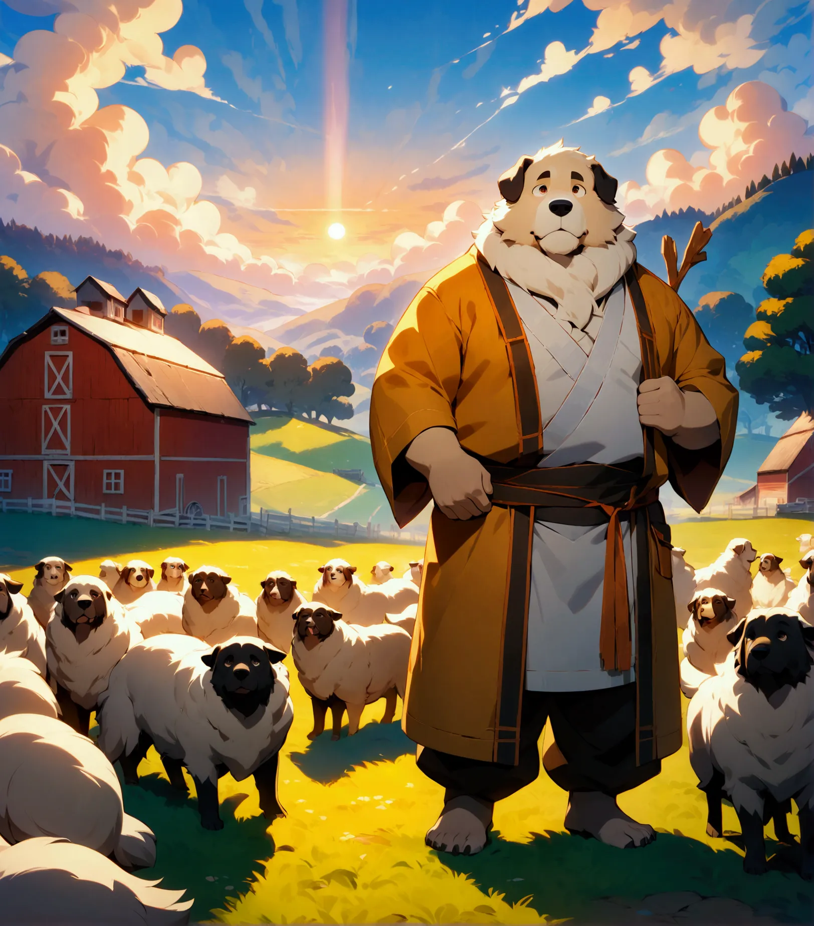 shepherd, plump middle-aged great pyrenees man, happy, light smile, costume, pants, pastoral stick, a flock of sheep, detailed p...