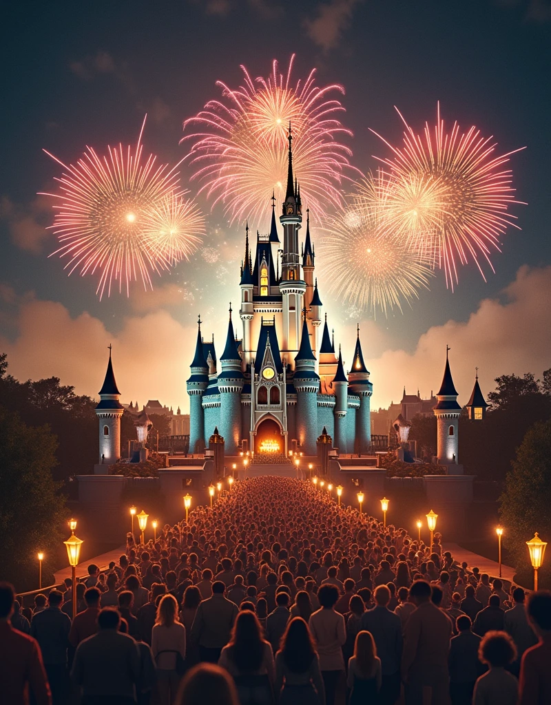 Colourful and spectacular fireworks over Cinderella Castle. The light from the fireworks creates a fantastic atmosphere in the surrounding buildings. Large crowds of people fill the aisles, looking up and watching the fireworks. Aerial shot by drone.