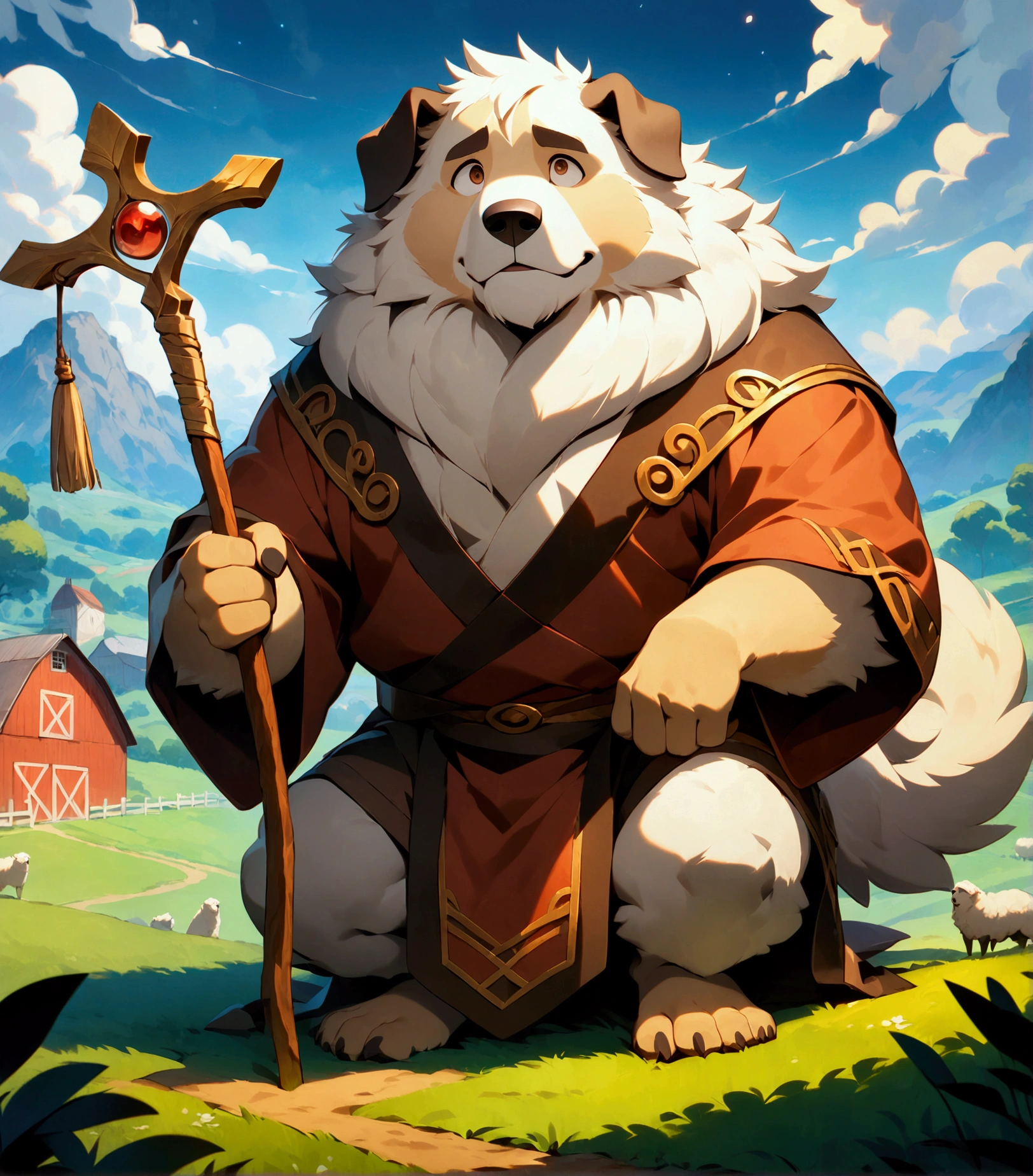 shepherd, plump middle-aged great pyrenees man, happy, light smile, costume, pants, a pastoral staff, BREAK afternoon, sheep farm, a flock of sheep, outdoor, detailed painting landscape, BREAK full body in Michelangelo Buonarroti style, digital illustration anime, character focus, full body, looking away, dynamic angle, BREAK complete anatomy, perfect proportions, beautiful thigh gap, fluffy body, intricate fur details, beautiful fur texture, BREAK detailed great pyrenees tail, detailed toe, 5toes, 5toes nails, beautiful foot, detailed hands, 5fingers, 5fingers nails, BREAK aesthetic anime face, insanity detailed face, male face, big face, square jawline, aesthetic anime eyes, detailed brown eyes, detailed brown cornea, detailed dark brown irises, detailed pupils, male eyes, big eyes, male eyebrows, innocent look, beautiful beard, BREAK masterpiece, official art, best quality, very aesthetic, absurdres, super fine illustration, great quality, BREAK noise reduction, very highres, large filesize, high quality, 32K, 8k wallpaper, dynamic lighting, BREAK insanity detailed, ultra detailed, intricate details, extremely detailed, detailed texture, an extremely delicate and beautiful, full color, HDR, BREAK e621 illustration, Fur Affinity illustration, osukemo, kemohomo, anthropomorphic, furry, cartoon, harmonious eyes, pastoral face, virtuous body, harvesting atmosphere 