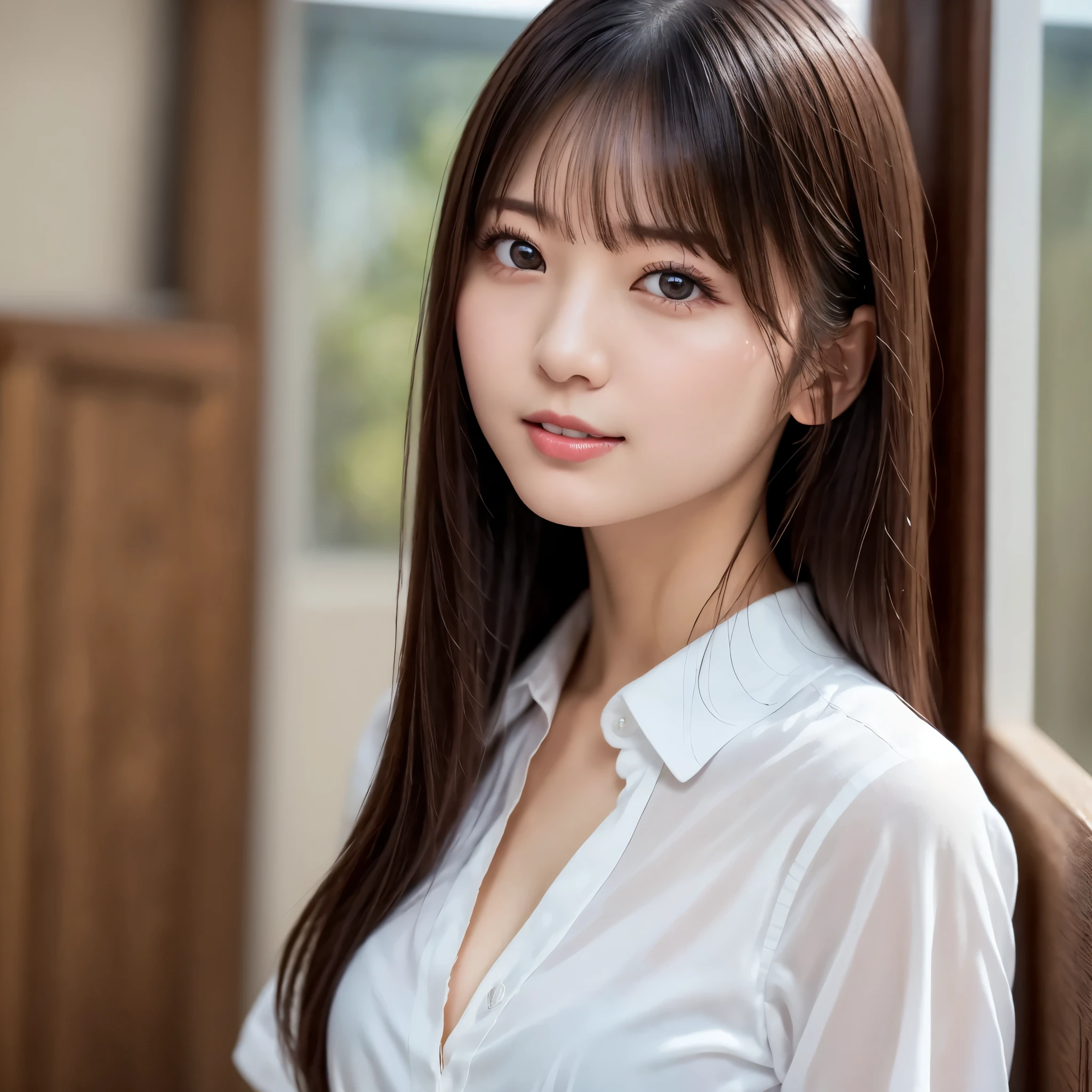 White shirt, 複雑でbeautiful目, woman, womanらしい黒髪, (Delicate and realistic hair, 1 1 Realistic Hair), bangs, Natural color lips, smile, ((white indoor)), indoor, (18 year old woman: 1. 2), Young and adorable Japanese face, Official Art, High resolution CG Unity 8k 壁紙, (masterpiece: 1.0) , (Best Quality: 1. 0), (Best Quality: 1. 0), Ultra High resolution,4K,Very detailed,photograph,8k,NFFSW,High resolution,Kodak Portrait 400,Film Grain,Lens Flare グロー,Best Quality,8k,NFFSW:1. 2),Portrait Shot,8k,Show Viewer, ((( front))),((masterpiece)), ((Best Quality)), (Super detailed), ((cute)), (Nice), ((sexy)), ((Very detailedな)), 4K, (8k), (beautiful), Illustration, beautiful日本人のwoman, ((woman1名)), ((beautiful eyes)), smile, Lens Flare, Shiny, (((front図))), ((Facing))、((Focus on the head and face)), bangs、From the neck up