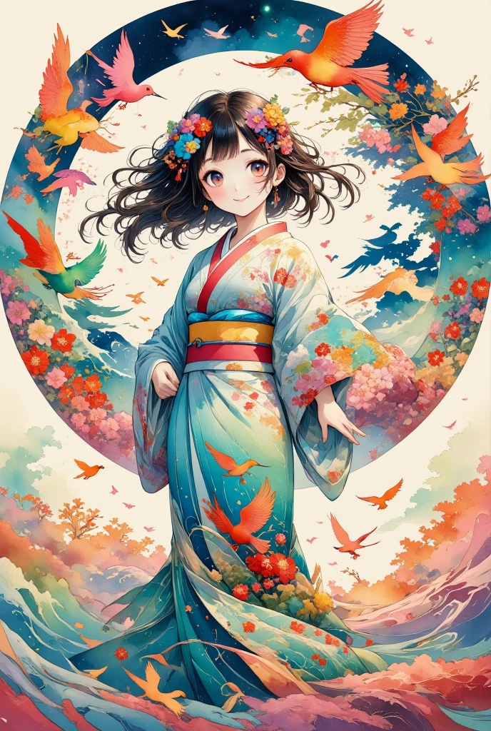 A tranquil scene featuring a girl in a traditional Japanese kimono, Colorful birds fly around、Standing gracefully. Birds are depicted as colorful silhouettes, Each one is intricately decorated, Traditional Japanese Pattern. The delicate texture of washi paper can be felt throughout the piece., Soft, Artistic atmosphere. The colors of the birds blend together in harmony, They come in a variety of hues, from deep blues and greens to bright reds and oranges., Their flight moves in a whirlpool around the girl., Adding fluidity to the scene.