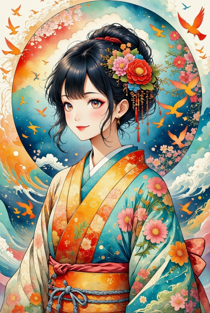 A tranquil scene featuring a girl in a traditional Japanese kimono, Colorful birds fly around、Standing gracefully. Birds are depicted as colorful silhouettes, Each one is intricately decorated, Traditional Japanese Pattern. The delicate texture of washi paper can be felt throughout the piece., Soft, Artistic atmosphere. The colors of the birds blend together in harmony, They come in a variety of hues, from deep blues and greens to bright reds and oranges., Their flight moves in a whirlpool around the girl., Adding fluidity to the scene.