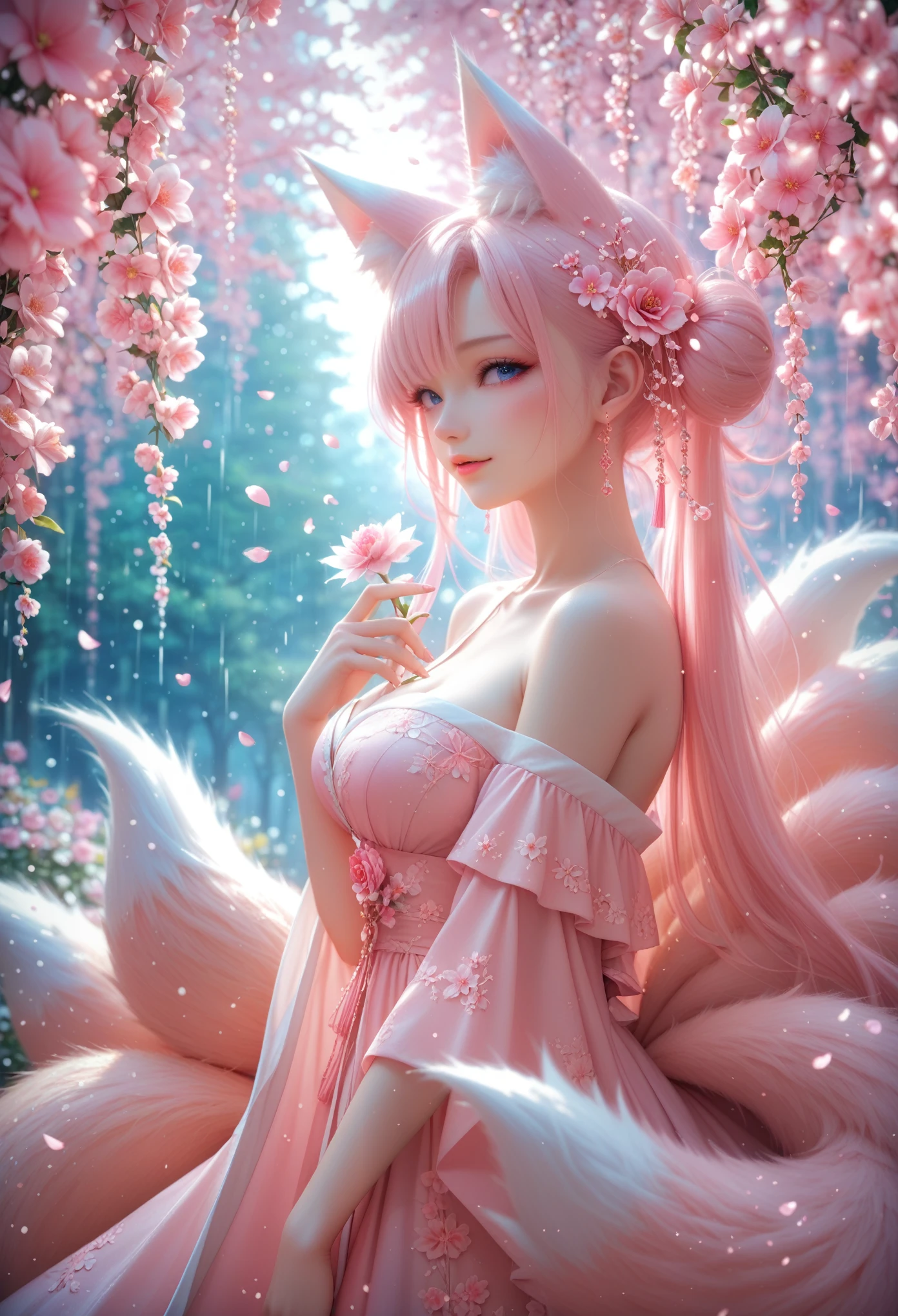 Nine Snow-White Fox Tails (1.0), milk fox tail (1.0), fox close up nine tails, nine tails, nine tails, Anime girl with pink hair and pink dress with flowers on her hair, very beautiful anime girl-лиса, beautiful anime girl-лиса, beautiful fantasy anime, guvaiz, anime girl with fox ears, beautiful anime girl, Very beautiful and cute fox girl, pink flower rain, blurred background, anime style 4k, Anime fantasy art, 4K anime wallpaper, Works of art in the Gouvez style