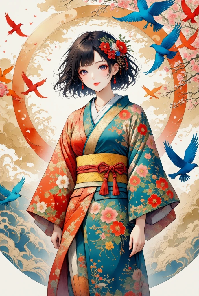 A serene scene featuring a girl in a traditional Japanese kimono, standing gracefully as vibrant birds fly around her. The birds are depicted as colorful silhouettes, each adorned with intricate, traditional Japanese patterns. The entire image has the delicate texture of washi paper, giving it a soft, artistic feel. The colors of the birds blend harmoniously, with shades ranging from deep blues and greens to bright reds and oranges, while their flight creates a swirling motion around the girl, adding a sense of fluidity to the scene.