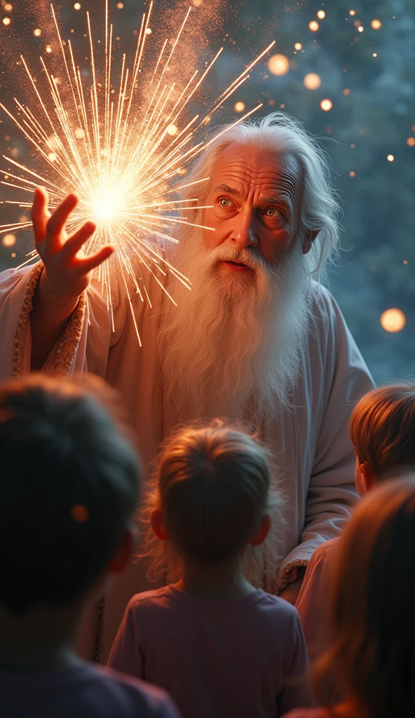 Full body shot, panoramic view, a wizard conjuring small magical fireworks, beautiful detailed eyes, beautiful detailed lips, extremely detailed face, longeyes lashes, intricate details, fantasy scene, children watching in amazement, warm vibrant colors, dramatic lighting, ethereal atmosphere, cinematic composition, hyper realistic, award winning digital art, masterpiece, 8k, high resolution, ultra-detailed