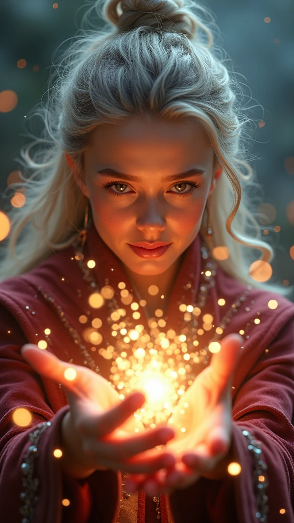 Full body shot, panoramic view, a wizard conjuring small magical fireworks, beautiful detailed eyes, beautiful detailed lips, extremely detailed face, longeyes lashes, intricate details, fantasy scene, children watching in amazement, warm vibrant colors, dramatic lighting, ethereal atmosphere, cinematic composition, hyper realistic, award winning digital art, masterpiece, 8k, high resolution, ultra-detailed