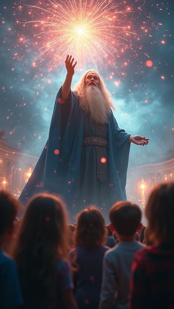 Full body shot, panoramic view, a wizard conjuring small magical fireworks, beautiful detailed eyes, beautiful detailed lips, extremely detailed face, longeyes lashes, intricate details, fantasy scene, children watching in amazement, warm vibrant colors, dramatic lighting, ethereal atmosphere, cinematic composition, hyper realistic, award winning digital art, masterpiece, 8k, high resolution, ultra-detailed