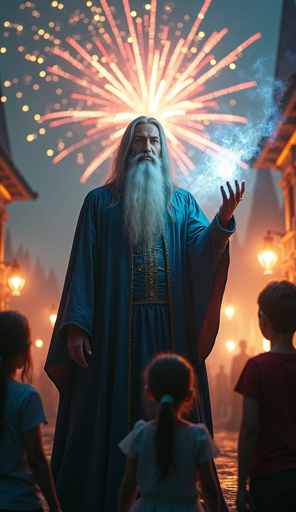 Full body shot, panoramic view, a wizard conjuring small magical fireworks, beautiful detailed eyes, beautiful detailed lips, extremely detailed face, longeyes lashes, intricate details, fantasy scene, children watching in amazement, warm vibrant colors, dramatic lighting, ethereal atmosphere, cinematic composition, hyper realistic, award winning digital art, masterpiece, 8k, high resolution, ultra-detailed