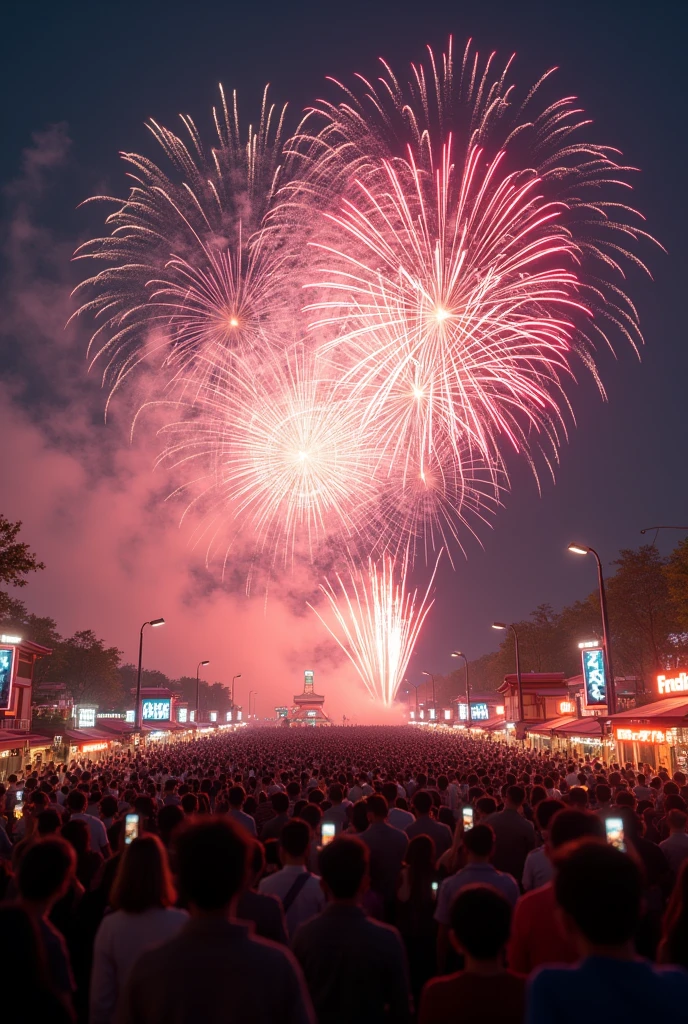 Japanese festival site, night, crowded with many people, fireworks in the sky, fantastic fireworks, pyrotechnics, bright and glittering, spectacular and mesmerizing explosions, illuminating darkness, bright and vivid colors, people are shooting with their smartphones, light display, dazzling patterns, fascinating and fantastic, reversed images, high quality, (16K resolution), ((super detailed)), ((by artwork)), ultra realistic, lights, dynamic lines, OC rendering