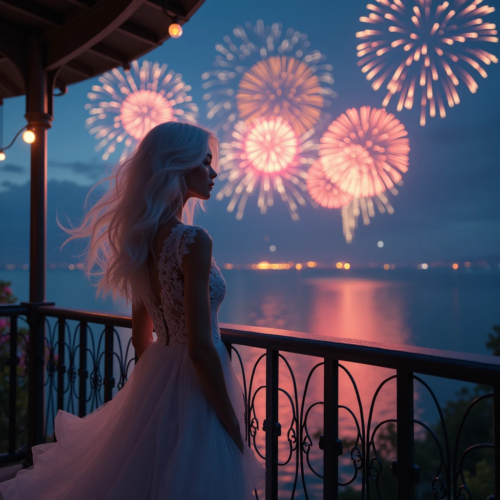 Beautiful Lights and Fireworks, night sky, There is a beautiful and sexy girl standing on the balcony, The wind blows her beautiful white hair, looks at the fireworks, thoughtfully, Fireworks are sparkling in the sky, Beautiful Sea View, Gorgeous Night Dress, Lace and Fluffy Dress, Very Beautiful Hair Lush Curl, decorations, masterpiece, 8 k, Maximum Quality, complex details, Game of Shadows, Movie As if Alive,