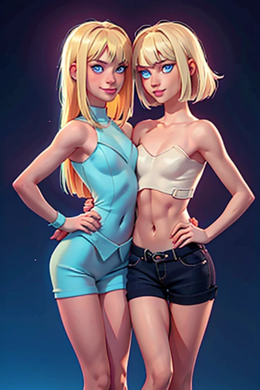 2 girls, blonde and redhead, dancing with each other, blonde girl with long straight hair, redhead girl with blunt bangs, blue eyes,smile, petite,marked abs,skinny ribs,thin waist,thigh gap, topless,bottomless, neon lights background, masterpiece, best quality,